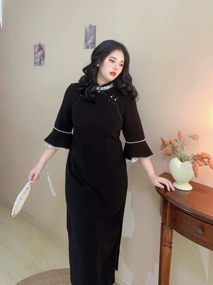Sirong 丝绒 Qipao à manches longues en velours et dentelle, grande taille, hiver