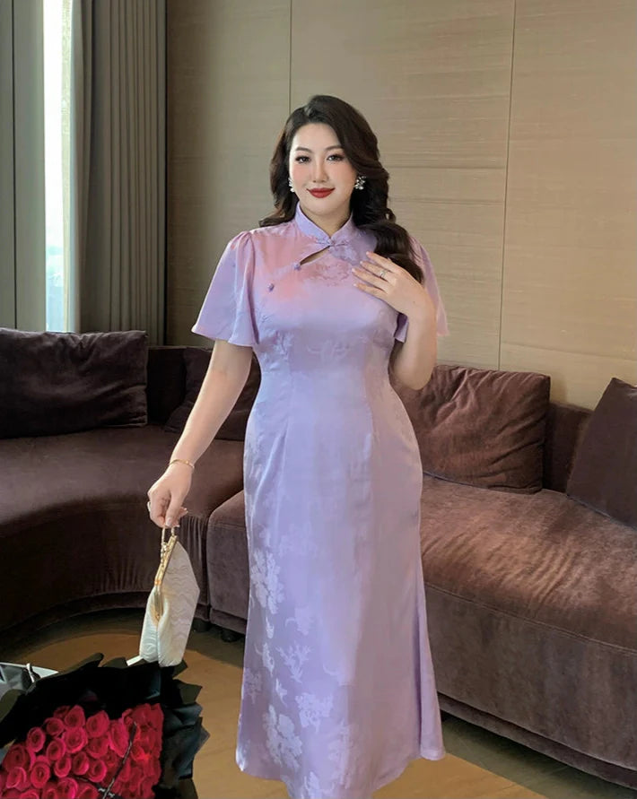 Zimo Diewu 紫陌蝶舞 Butterflies Dancing on Lavender Paths Plus Size Modernized Cutout Jacquard Butterfly Sleeve Qipao