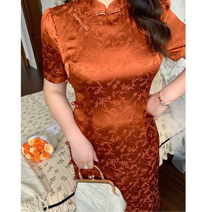 Xiaying Rui 霞映蕊 Glowing Sunset Plus Size Modernized Vintage Bottleneck Jacquard Qipao