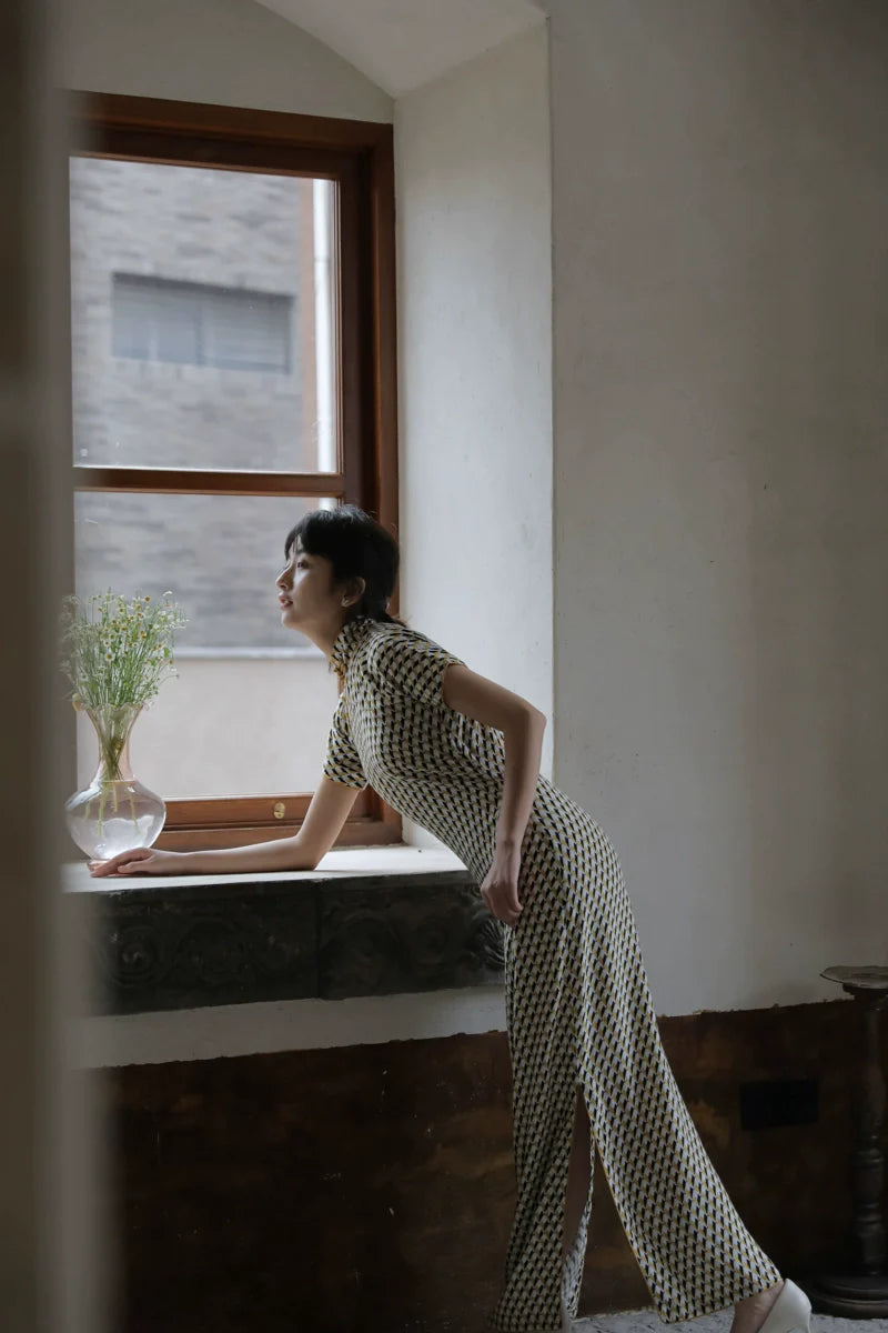 Duo Lun 多伦 Ципао из хлопка и шелка с короткими рукавами и узором в стиле ретро 1930-х годов