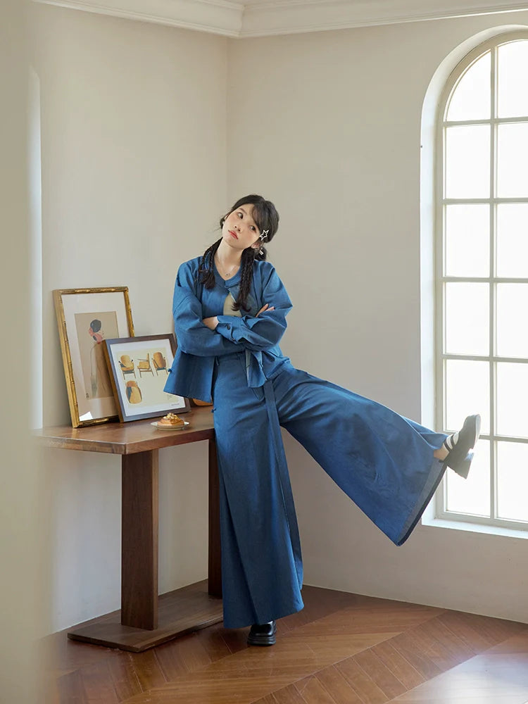 Walking After Midnight 午夜行走 Ensemble de tailleur-pantalon Tang Song en coton modernisé quotidiennement