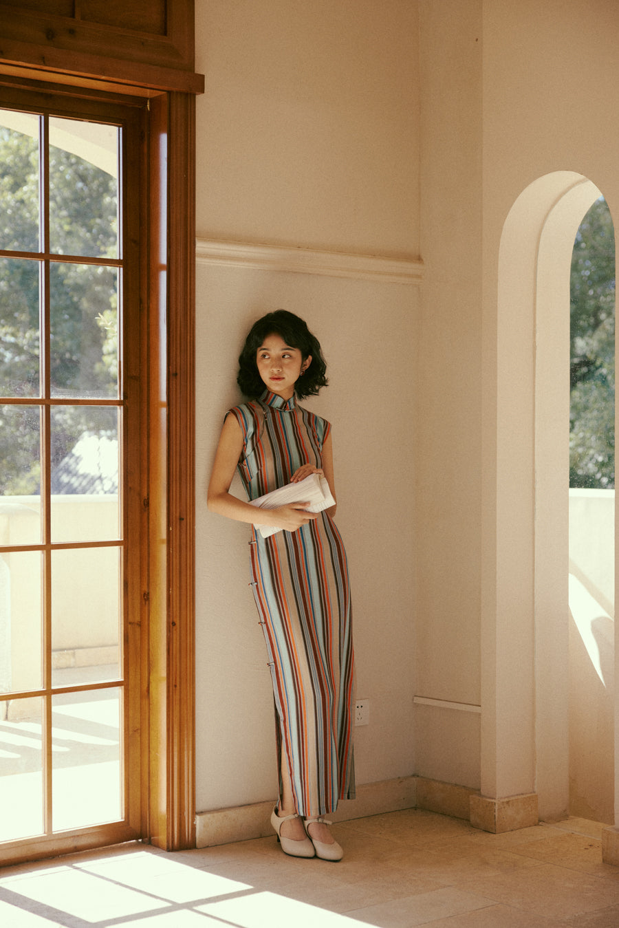 Шэн Дао 省道 Провинциальная дорога 1960-е годы в полоску в стиле ретро Ципао с короткими рукавами