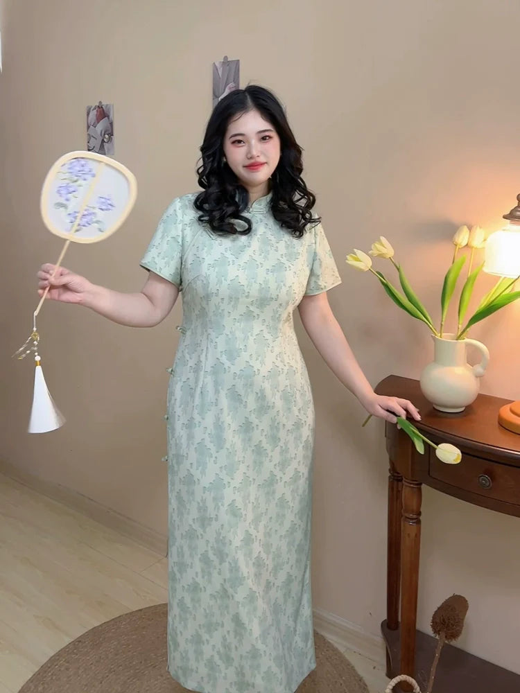 Zhi Lian 之恋 Летнее романтическое Ципао больших размеров с цветочным принтом и короткими рукавами