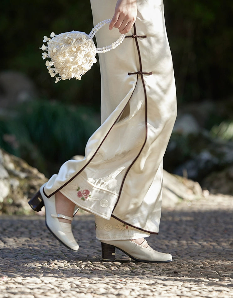 Весенний отдых 春閑 Атласные жаккардовые скромные брюки Qipao с вышивкой