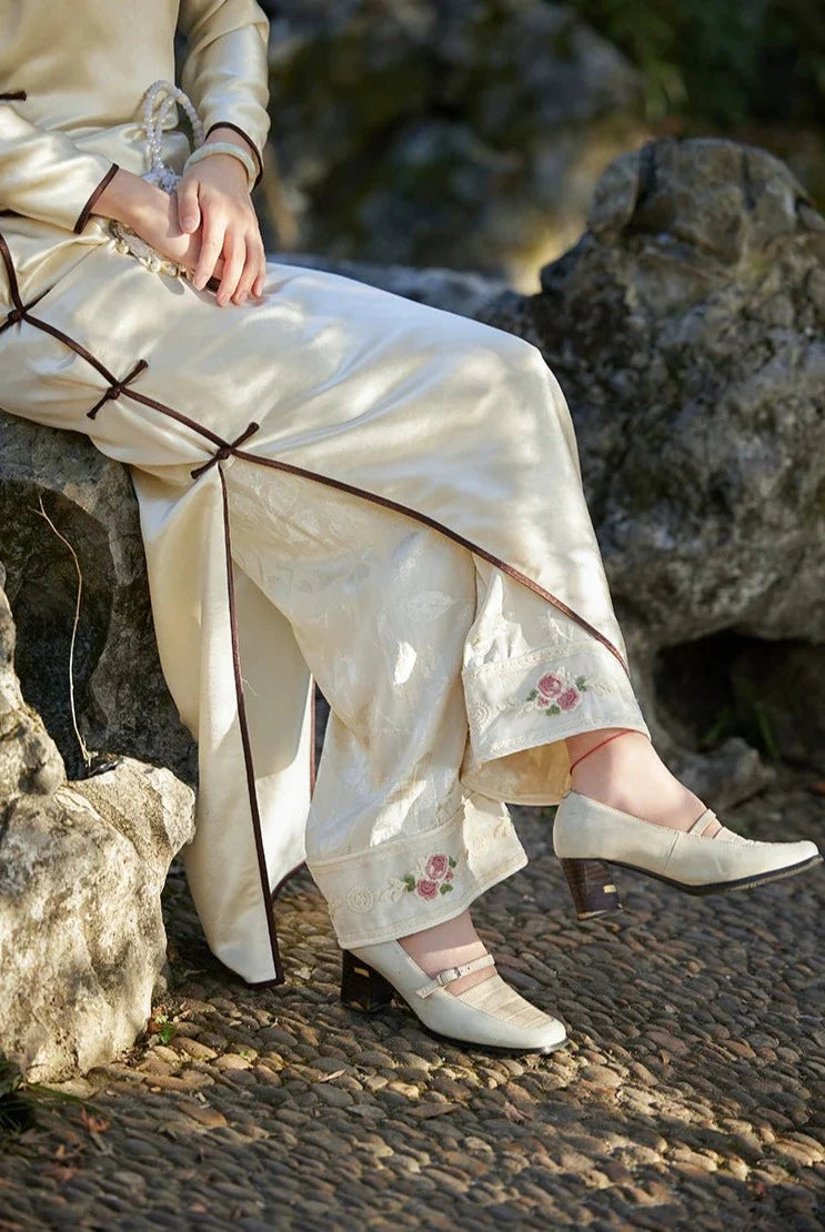 Весенний отдых 春閑 Атласные жаккардовые скромные брюки Qipao с вышивкой