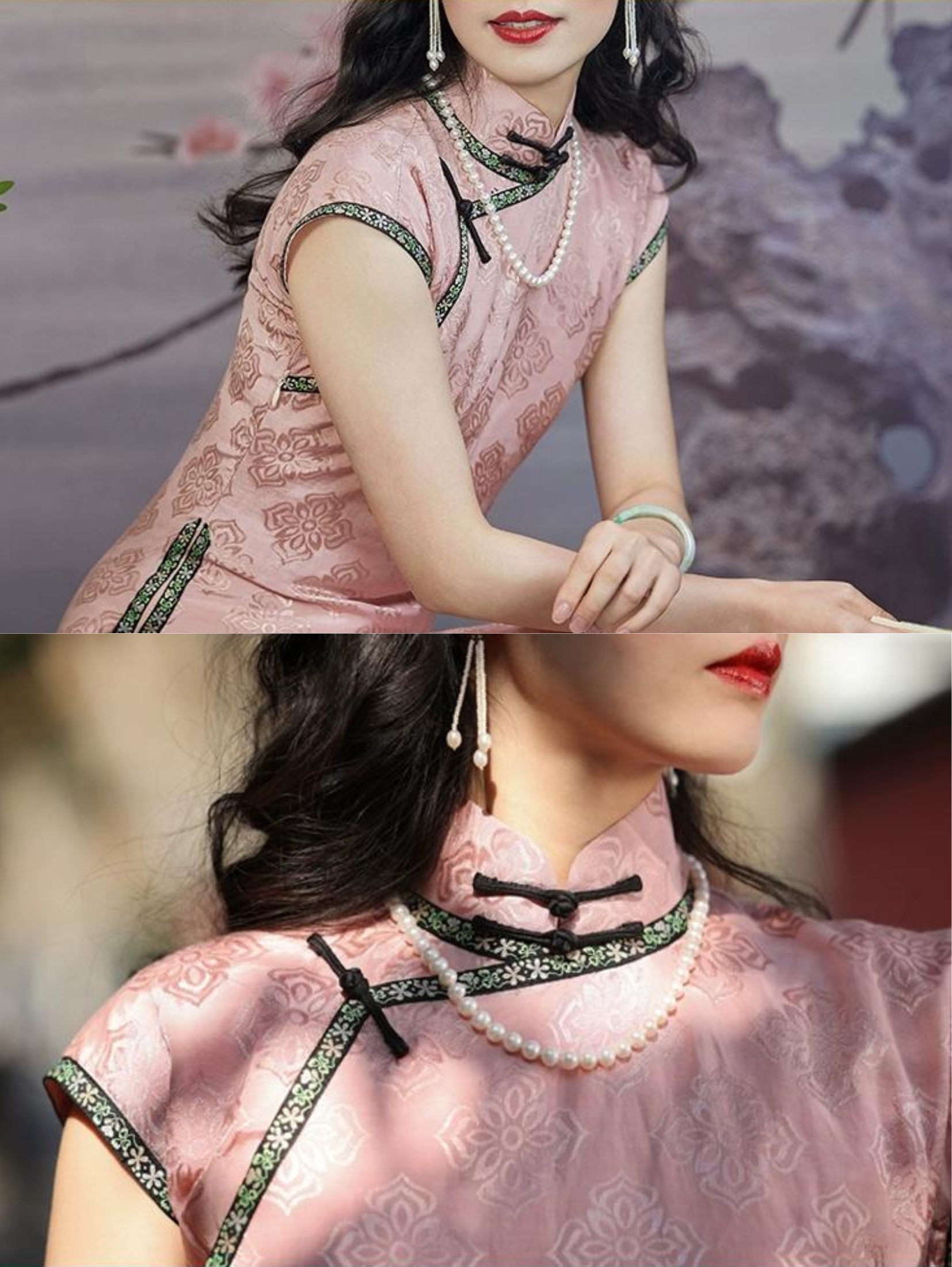 Tao Fen 桃粉 Персиковый пудровый атласный жаккардовый узор 1930-х годов Qipao