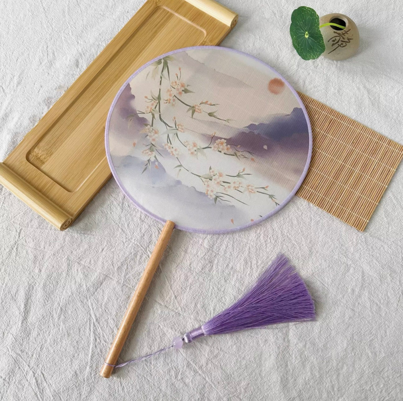 Shanzi 扇子 Translucent Silk Floral Print Tuanshan Round Fan