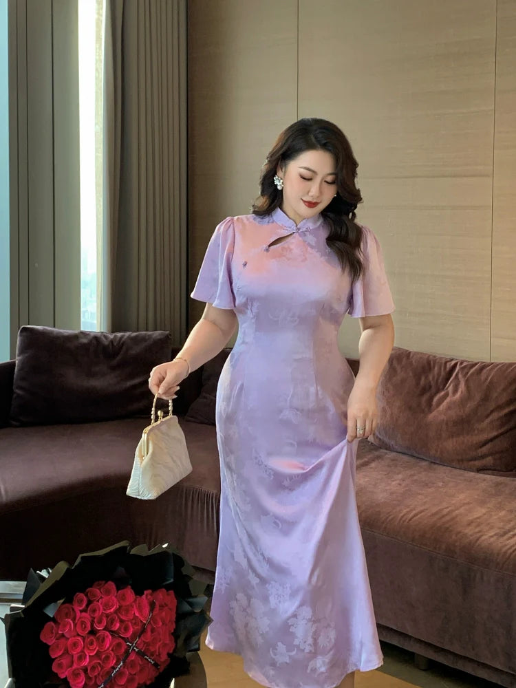 Zimo Diewu 紫陌蝶舞 Butterflies Dancing on Lavender Paths Plus Size Modernized Cutout Jacquard Butterfly Sleeve Qipao
