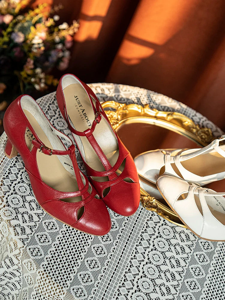 Aizhai 矮寨 Double Bridge 1930s Republic of China Style Wine-Glass Heel Genuine Leather Mary Janes