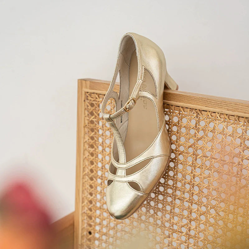 Aizhai 矮寨 Double Bridge 1930s Republic of China Style Wine-Glass Heel Genuine Leather Mary Janes