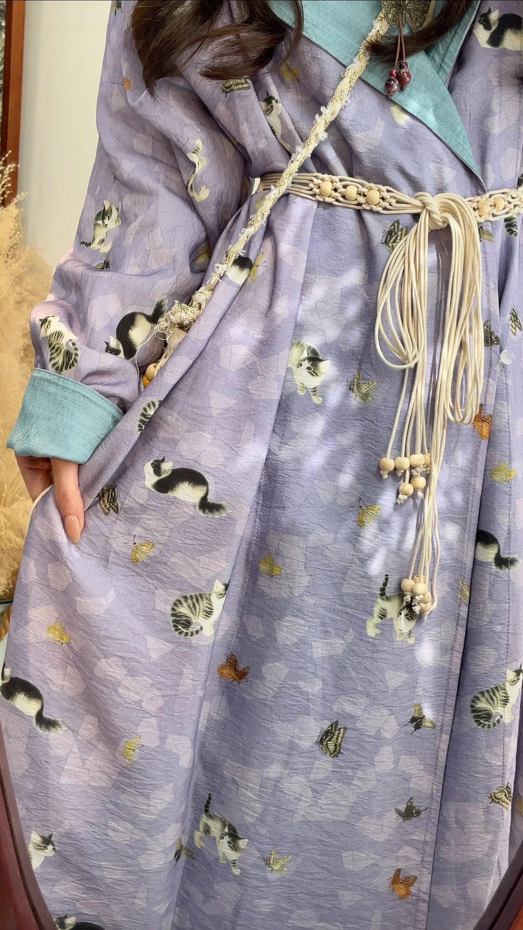 Maomao 猫猫 Kitten Modernized Tang Dynasty Cat Print Yuanlingpao Round Collar Robe