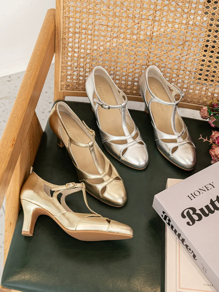 Aizhai 矮寨 Double Bridge 1930s Republic of China Style Wine-Glass Heel Genuine Leather Mary Janes