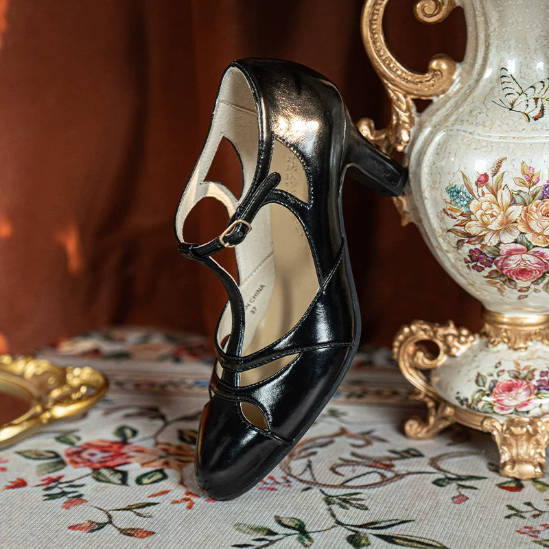 Aizhai 矮寨 Double Bridge 1930s Republic of China Style Wine-Glass Heel Genuine Leather Mary Janes